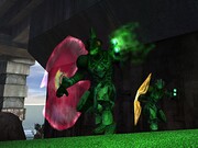 Promotional image for Halo: Combat Evolved featuring two Kig-Yar Majors with the Eos'Mak-pattern plasma pistol. Screenshot of the level The Silent Cartographer from the Halo: Combat Evolved press kit.