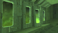 The green hallway on Lockout. One of the stasis pods has been broken out of.