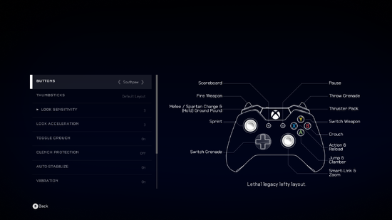A screenshot of "Buttons" set to "Southpaw" in the Halo 5: Forge settings menu.Behind the game pause menu is pitch black.