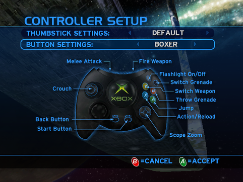 A screenshot of "Buttons Settings" set to "Boxer" in the Halo: Combat Evolved (Revision 2)  settings menu.Note: The screenshot was taken from the emulator Xemu.