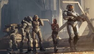 SPARTAN-IVs Evelyn Rousseau, Victor Gallardo, Dorian Nguyen and Saskia Nazari of the Delta-6 Division rescuing Laurette Agryna in London during the Battle of Earth.