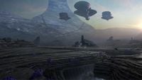 Concept art of an Outpost defended by three starships.