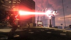 Promotional image for Halo 3: ODST featuring Kojo Agu firing an M6/R Spartan Laser at a Irdnekt-pattern Banshee on the campaign level NMPD HQ.