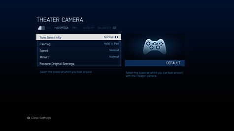 A screenshot of "Theater Camera" in the settings menu of Halo 4 (Xbox 360).Behind the game pause menu is pitch black.Note: The screenshot was taken from the emulator Xenia.