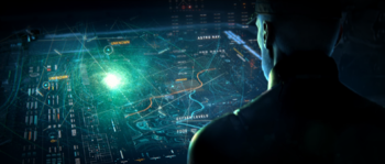 James Cutter looking at astrogation data onboard UNSC Spirit of Fire's observation deck in Halo Wars 2 campaign level The Signal.