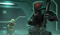 A Jiralhanae Chieftain wielding the Akelus Workshop gravity hammer in Halo: Spartan Assault.