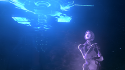Cortana looking at a hologram of a station during Created conflict in Halo Infinite.