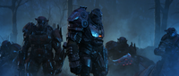 Voridus, a Warlord, and other Banished Jiralhanae in Halo Wars 2.
