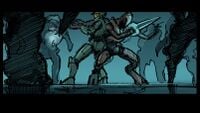 A storyboard depicting Chief and Arbiter facing off against the Flood.
