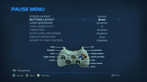 A screenshot of "Buttons Layout" set to "Boxer" in the Halo: Combat Evolved Anniversary settings menu.Behind the game pause menu is pitch black.Note: The screenshot was taken from the emulator Xenia.