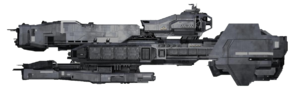 A render of the Mulsanne-class light frigate, taken and cropped from page 50 of The Art of Halo Infinite.