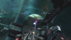 A screenshot of the FSS-1000 Sabre's gameplay HUD in the level Long Night of Solace, with the Sabre firing at a Morsam-pattern Seraph in the distance.