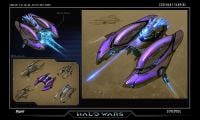 Concept art of the Vampire for Halo Wars. On the bottom left: Vampire concepts. On the top left: a Vampire using its stasis beam. On the right: the Vampire itself.