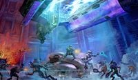 Concept art of John-117 fighting alongside Marines in the Reconciliation's hangar bay.