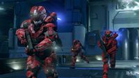 A SPARTAN-IV (far left) wearing Air Assault armor in the Halo 5: Guardians Multiplayer Beta.