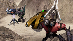 An Unggoy Heavy with a Pek-pattern plasma cannon and an Unggoy Major with a Pez'tk-pattern fuel rod gun during the Battle of Installation 00. From Halo 3 campaign level The Ark.