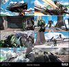 A collection of Artwork showing Master Chief doing several things.