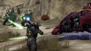 Two members of NOBLE Team (Catherine-B320 and SPARTAN-B312) fighting a pair of Mgalekgolo during the Battle at Szurdok Ridge began. From Halo: Reach campaign level Tip of the Spear.