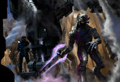 Concept art by Eddie Smith depicting the Master Chief and Arbiter teaming up inside a Forerunner structure. Given no such moment appears in the shipped game, it is likely this was intended for their adventures on Earth Ark.