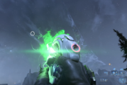 A first-person view of the Unbound Plasma Pistol charging up.