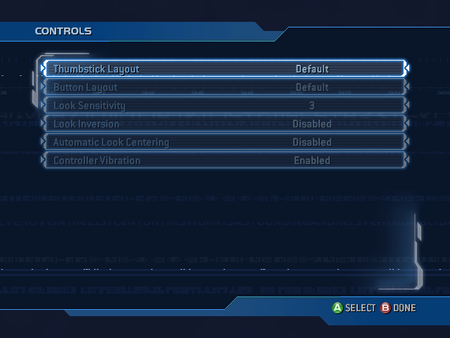 A screenshot of the "Controls" settings menu from the Halo 2 (Xbox) (USA, Europe) version. Note: The screenshot was taken from the emulator Xemu.Every setting is set by default.