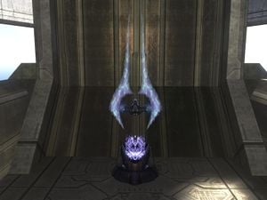 A weapon holder holding the Halo 3 variant of the energy sword on Construct.