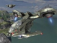 A UNSC Marine pilots a "Hornet" during the Battle of the Citadel. A Pelican can be seen in the background. The screenshot was taken from the first aerial battle of Halo 3's Campaign level The Covenant.