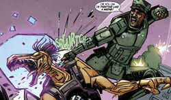 Sergeant Avery Johnson kills a Kig-Yar Ranger with a combat knife while fighting onboard Reach Station Gamma during Fall of Reach. From Halo: Fall of Reach - Invasion Issue #4.