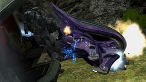 NOBLE Team's SPARTAN-B312 sitting on a UH-144 Falcon and firing the mounted M247H machine gun at a Is'belox-pattern Banshee during Siege of New Alexandria. From Halo: Reach campaign level Exodus.