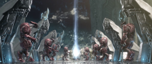 Sangheili Honor Guards watch as Trove's Apex Site is activated in Halo Wars level Beachhead.