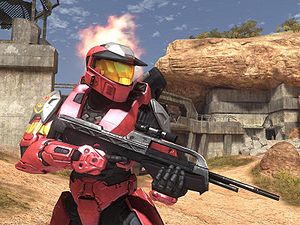 Screenshot of a Mark V-equipped Spartan on High Ground, with the BR55HB battle rifle and a flaming helmet.