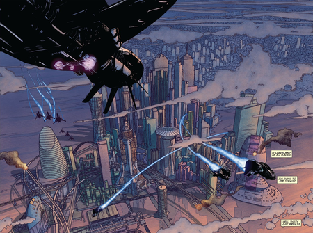The city of Cleveland, United States under attack from Covenant forces during the Battle of Cleveland in the Human-Covenant War.