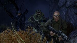 NOBLE Team's Recon Team Bravo (Jun-A266 and SPARTAN-B312) following a Reach militiaman along a riverbed during Mission to Szurdok Ridge, as seen in Halo: Reach campaign level Nightfall.