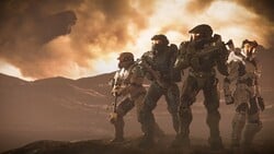 Artwork depicting Blue Team on Reach, with the UNSC Infinity on the distance.