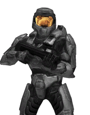 A crop of a Spartan in black armour wielding a BR55 battle rifle. Originally used in the MCC menus until the customisation updates in 2020.