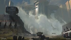 Concept art of an M808 Scorpion approaching a Banished stronghold.