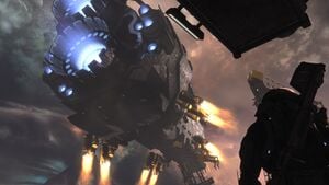 NOBLE Team's SPARTAN-B312 watches the UNSC Pillar of Autumn being lifted off drydock by R7 thrust coupling in the Asźod ship breaking yards during Battle of Asźod. From Halo: Reach campaign level The Pillar of Autumn.