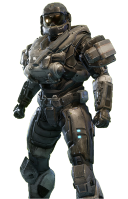 GRENADIER-class Mjolnir from Halo: Reach armor permutation in Halo: The Master Chief Collection menu.