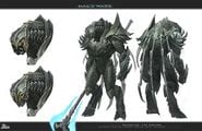 The first design of Ripa for Halo Wars cutscenes, with a "claw cape" and enclosed helmet.[29]