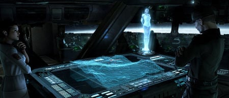 Ellen Anders, Serina, and James Cutter stood around the holotable aboard UNSC Spirit of Fire's bridge.