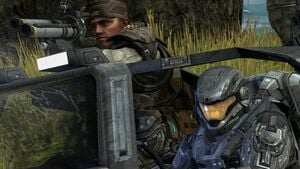 Duvall and SPARTAN-B312 on a M12 Chaingun Warthog, as seen in Halo: Reach level Exodus.