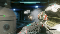 First-person view of the High Five being fired, shortly before the main projectile splits into five smaller missiles.