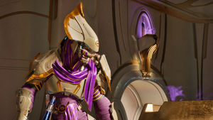A Sangheili Sacristan Sangheili Sanctum Acolyte aboard the Triumph of Tolerance during Operation: METEORITE. Screenshot taken from Halo: Campaign Evolved campaign level Boarding Action.