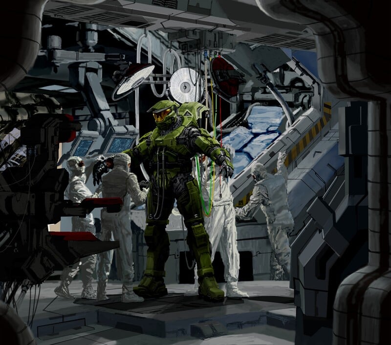 Concept art of John-117 equipping his MJOLNIR Powered Assault Armor/Mark V produced for the Halo film. Used in the Halo Encyclopedia (2022 edition).