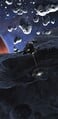 Concept art by Isaac Hannaford, noted by him to depict a corporate starship near an asteroid.[11]