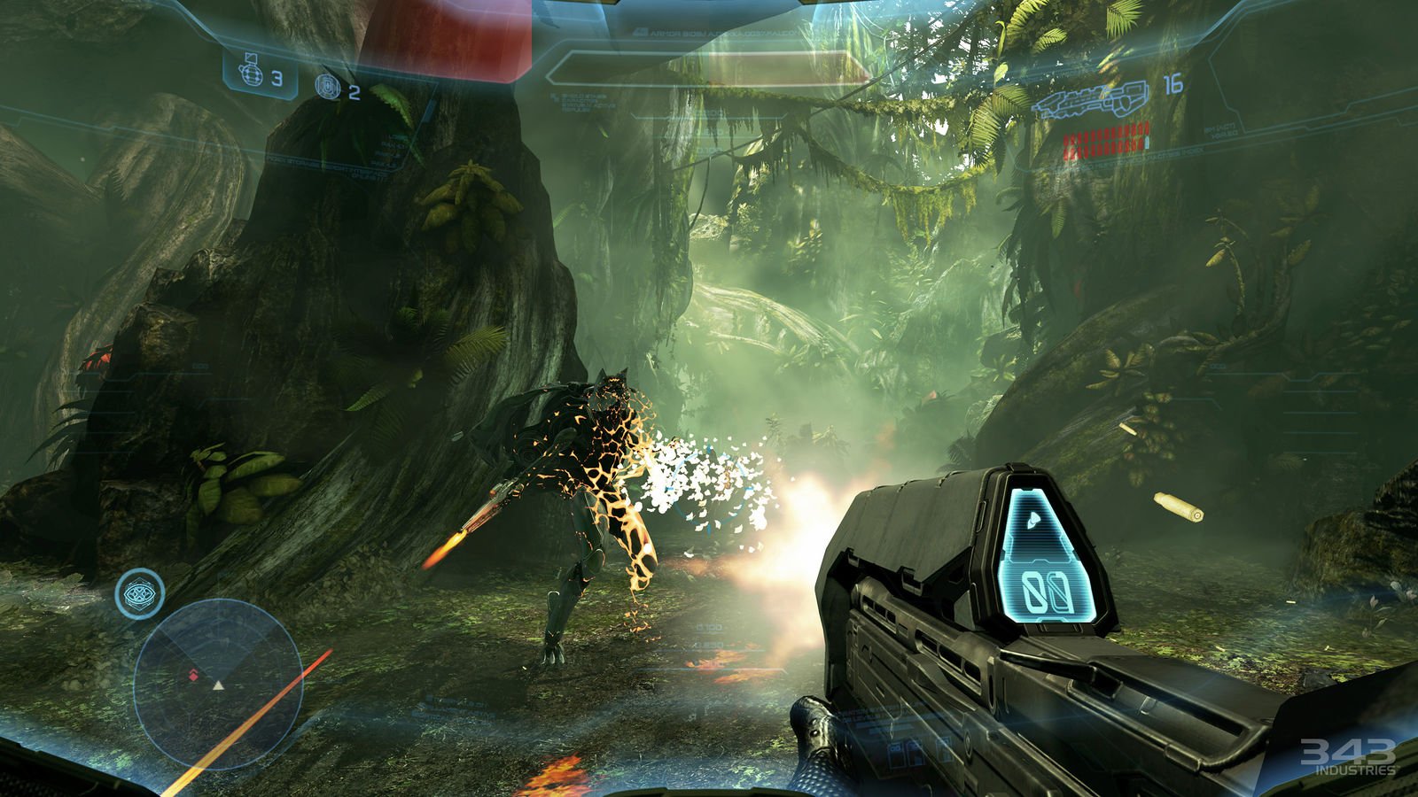 First-person perspective of a player holding a futuristic assault rifle in a lush jungle environment, firing at a Promethean enemy that's disintegrating upon being hit, with a heads-up display showing health, ammunition, and radar.