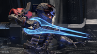 Profile view of a Spartan with a Meluth'qelos-pattern energy sword.