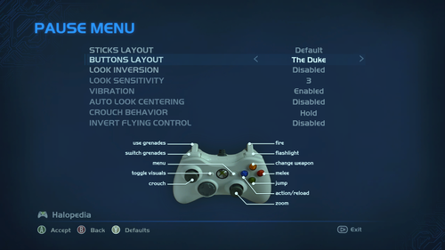 A screenshot of "Buttons Layout" set to "The Duke" in the Halo: Combat Evolved Anniversary settings menu.Behind the game pause menu is pitch black.Note: The screenshot was taken from the emulator Xenia.