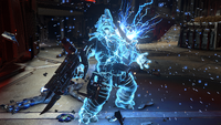 A Jiralhanae Sniper being electrocuted after being hit by multiple dynamos.