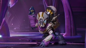An Unggoy Sacristan Apostle with a Eos'Mak-pattern plasma pistol aboard the Triumph of Tolerance during Operation: METEORITE. Screenshot taken from Halo: Campaign Evolved campaign level Boarding Action.
